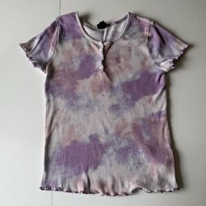 Girls XL(14-16) Tie Dye Y2K Ruffled Trim Short Sleeve Tee Shirt Top Purple Pink
